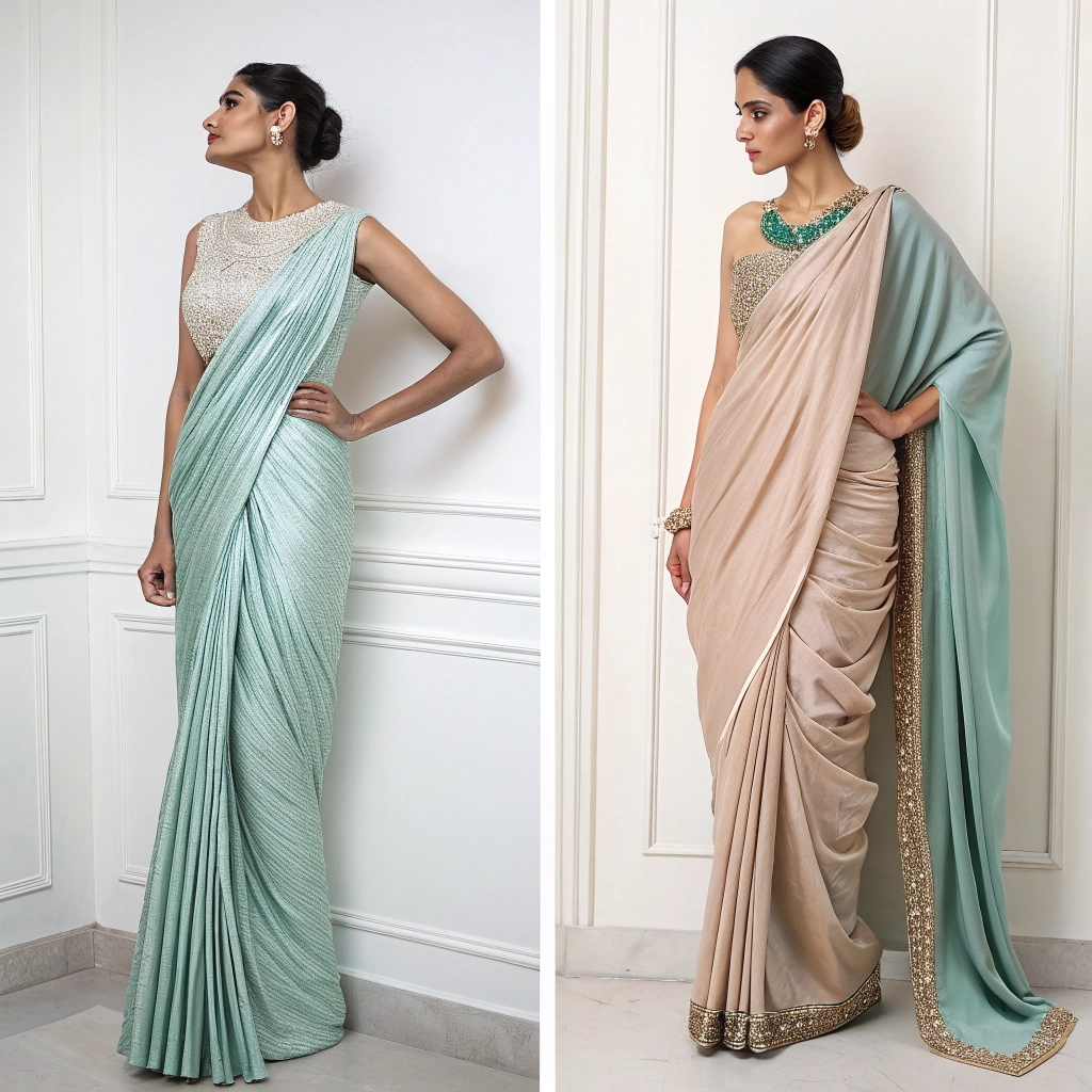 Traditional vs Modern saree draping comparison