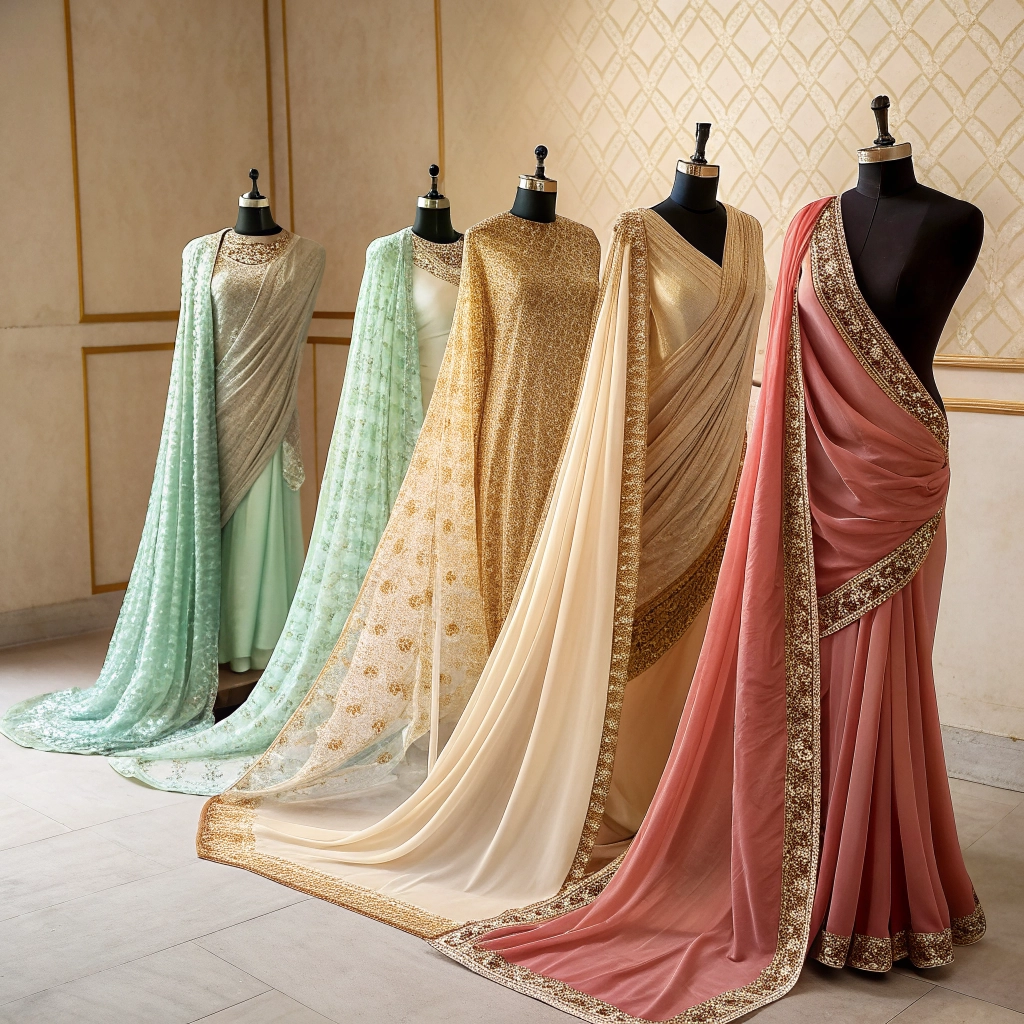 Different saree fabrics and styles showcase